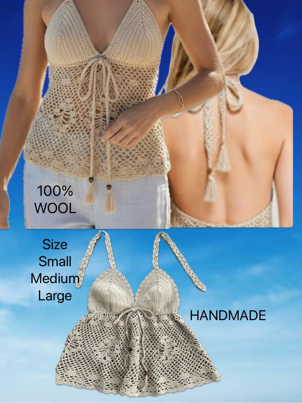 Handmade 100% Wool Crochet Tie Front Halter Tankini Boho Top Cream OS